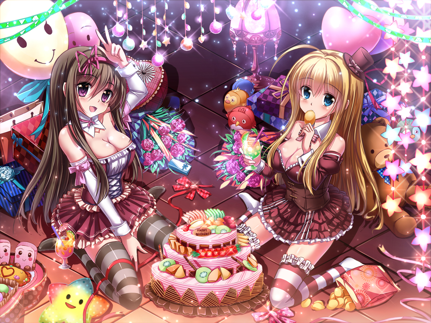 2girls, breasts, cake, chocolat_(noukome), cleavage, dress, food, miazi, ore_no_nounai_sentakushi_ga_gakuen_love-comedy_wo_zenryoku_de_jama_shiteru, thighhighs, yuuouji_ouka