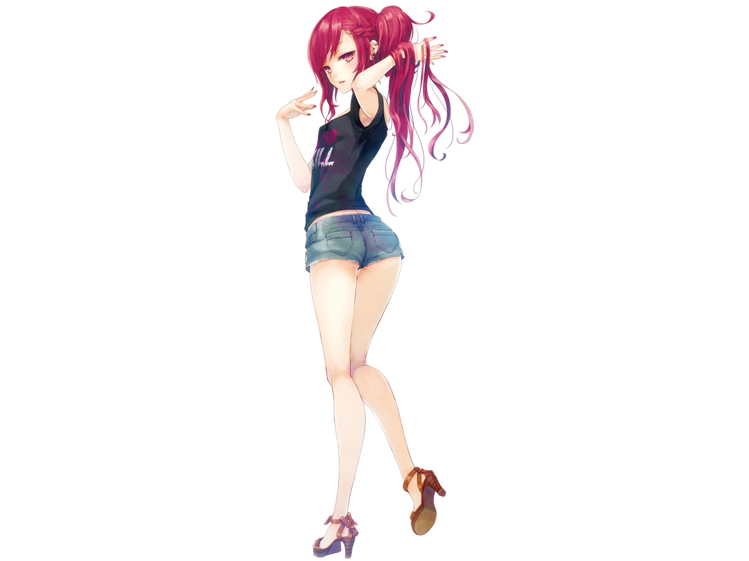 akabane_eiri, blush, braids, long_hair, namanie, ponytail, psycho_love_comedy, red_eyes, red_hair, shorts, white
