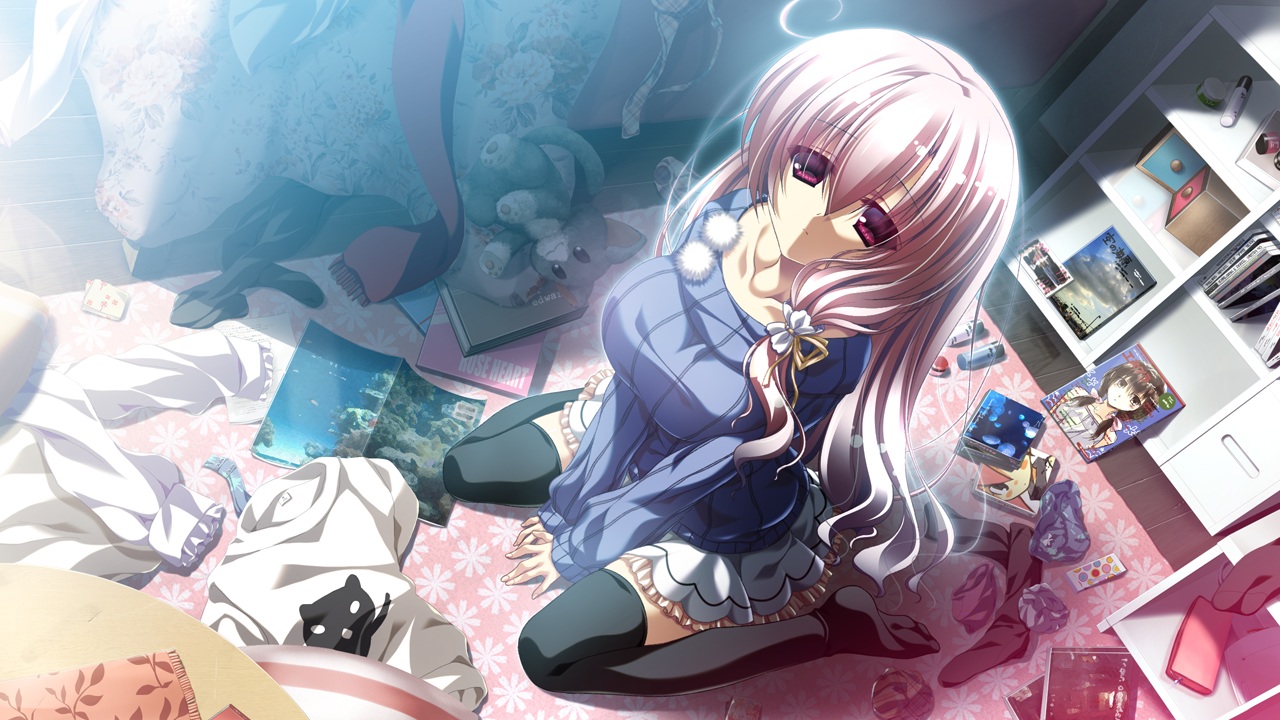 12_no_tsuki_no_eve, game_cg, long_hair, minori, pink_hair, red_eyes, shiina_mizuka, takasaki_maco, thighhighs