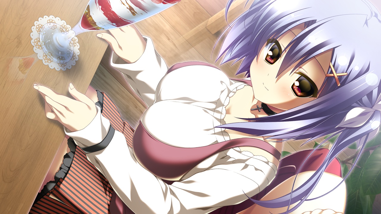 12_no_tsuki_no_eve, blue_hair, brown_eyes, cross, game_cg, minori, shiina_anzu, short_hair