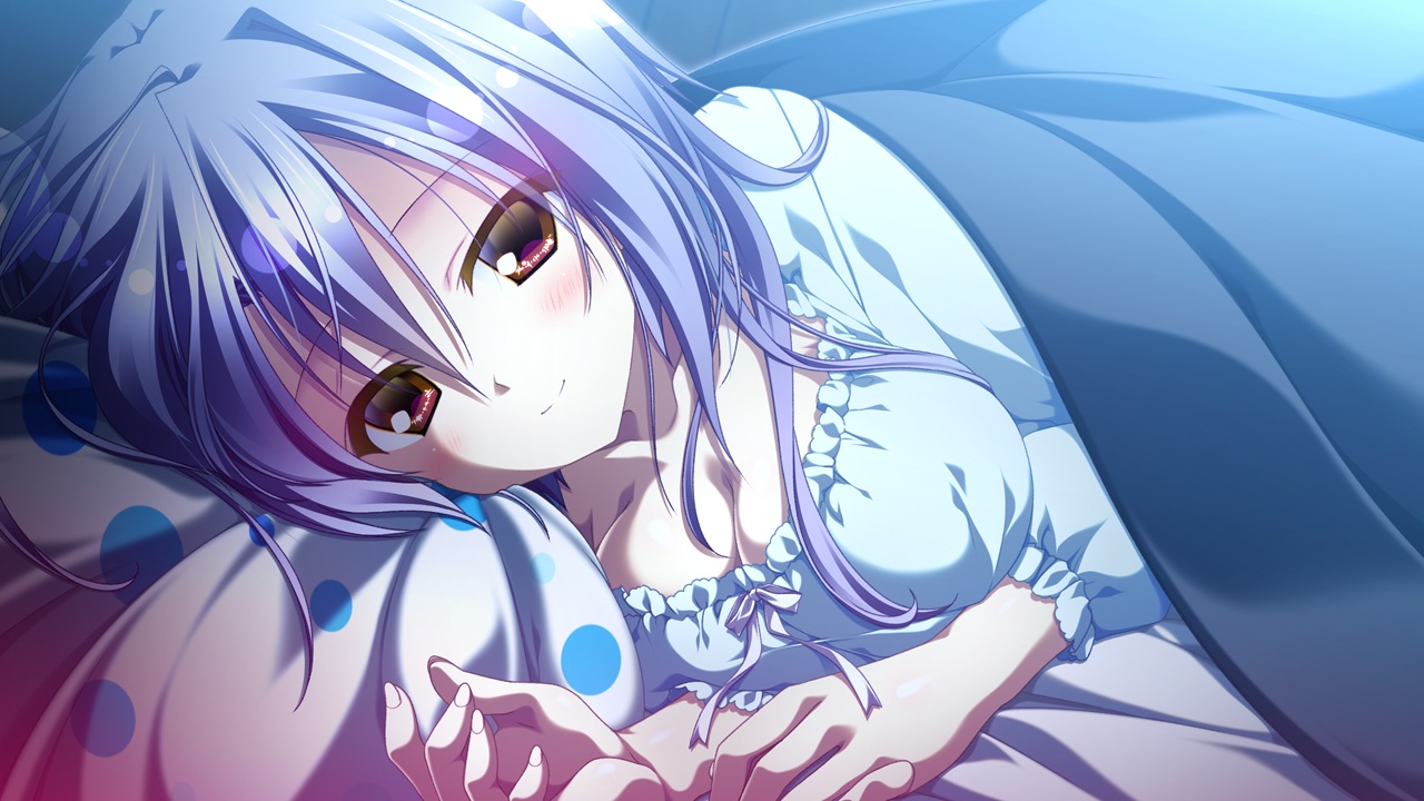 12_no_tsuki_no_eve, blue_hair, brown_eyes, game_cg, minori, pajamas, shiina_anzu, short_hair