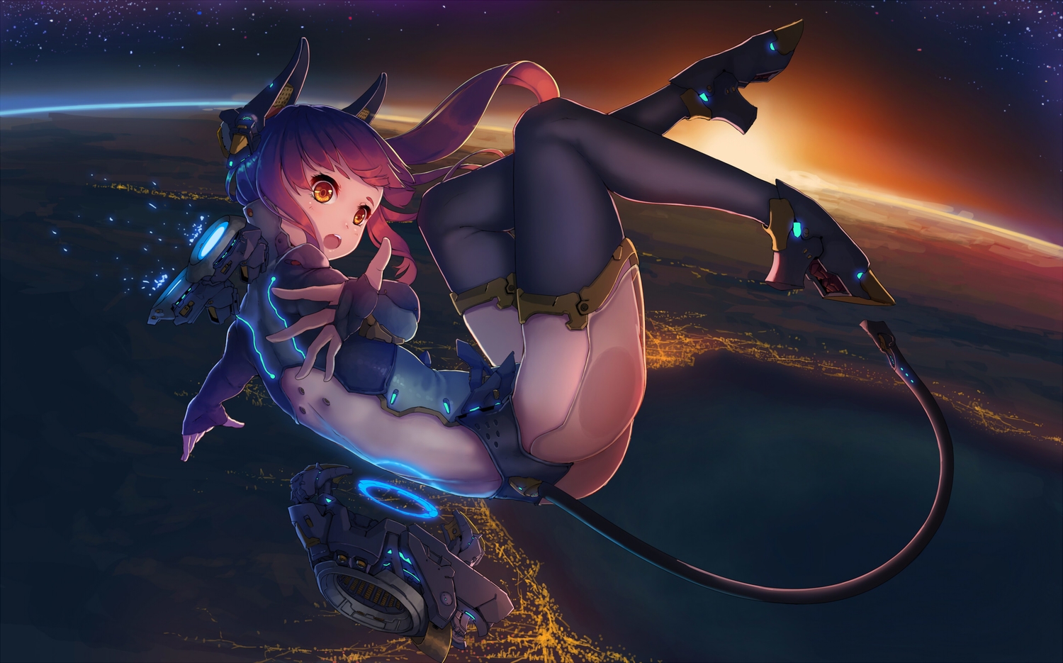 animal_ears, anthropomorphism, bodysuit, hokou_sakuran, orange_eyes, original, planet, red_hair, space, tail