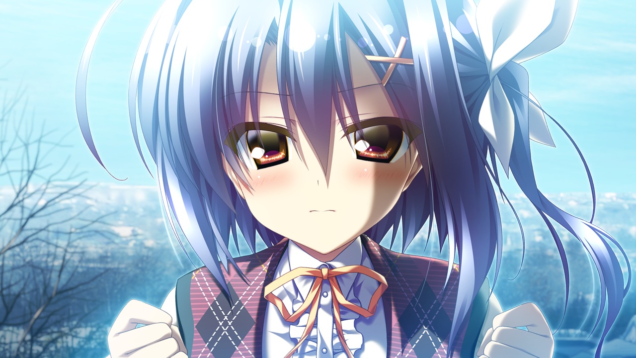 12_no_tsuki_no_eve, blue_hair, brown_eyes, close, game_cg, minori, ribbons, school_uniform