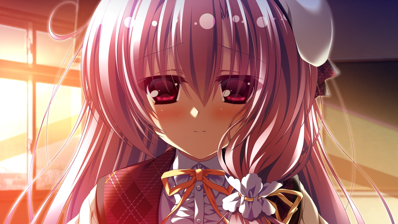 12_no_tsuki_no_eve, close, game_cg, long_hair, minori, pink_hair, red_eyes, ribbons