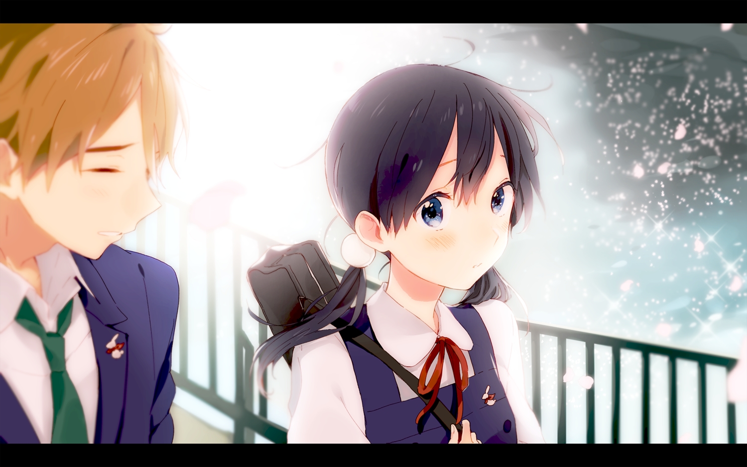 black_hair, blue_eyes, blush, bow, kitashirakawa_tamako, ooji_mochizou, petals, school_uniform