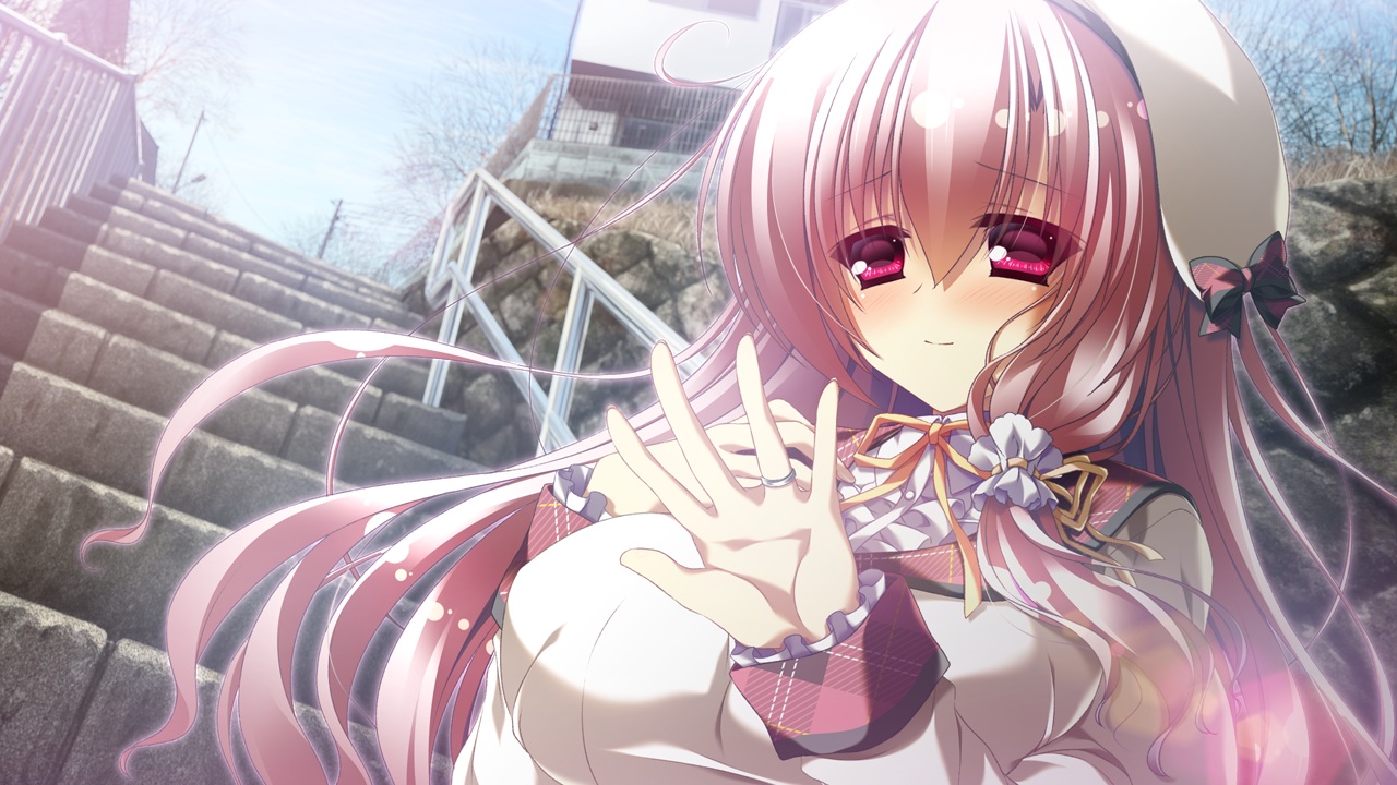 12_no_tsuki_no_eve, game_cg, hat, long_hair, minori, pink_hair, red_eyes, ribbons