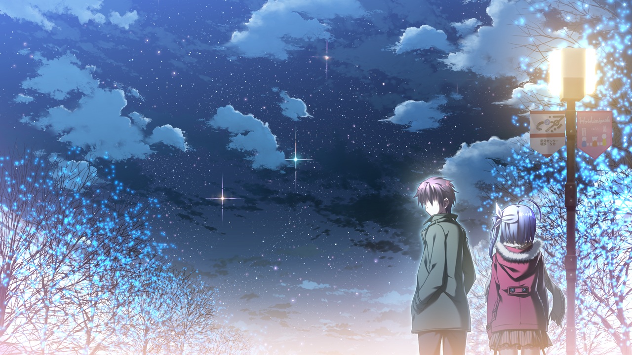 12_no_tsuki_no_eve, blue_hair, clouds, game_cg, minori, night, shiina_anzu, sky