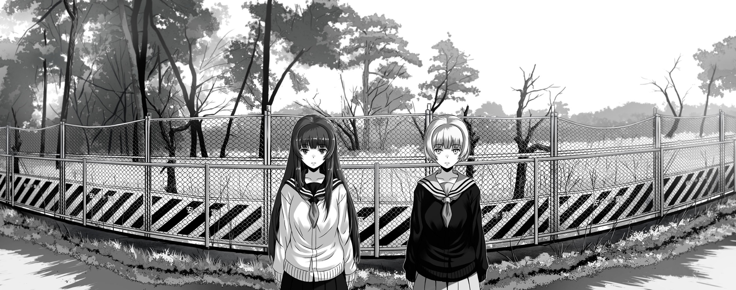 2girls, 40hara, dualscreen, jpeg_artifacts, long_hair, monochrome, original, school_uniform