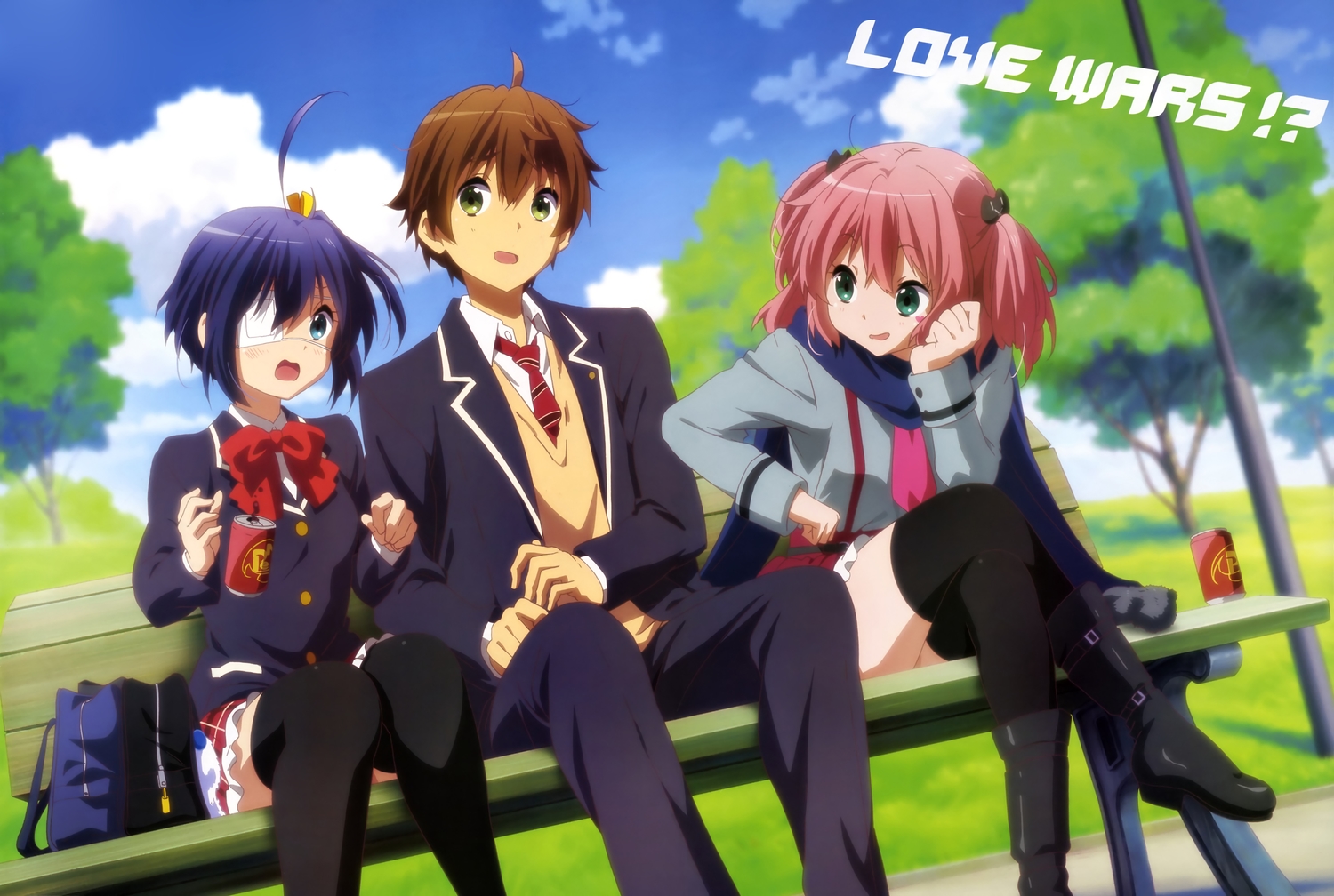blue_hair, boots, bow, brown_hair, chuunibyou_demo_koi_ga_shitai!, drink, eyepatch, green_eyes