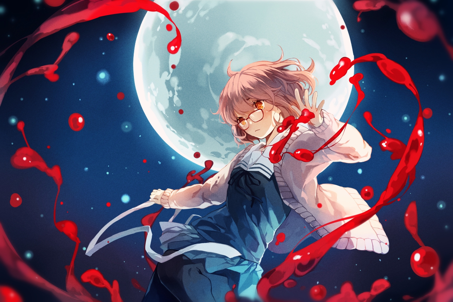 blood, brown_hair, glasses, jpeg_artifacts, koyuiko, kuriyama_mirai, kyoukai_no_kanata, moon