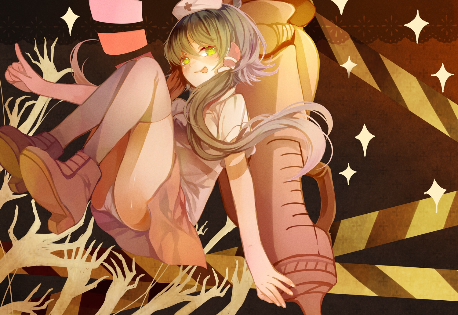 boots, green_eyes, green_hair, hat, koyuiko, long_hair, luo_tianyi, nurse