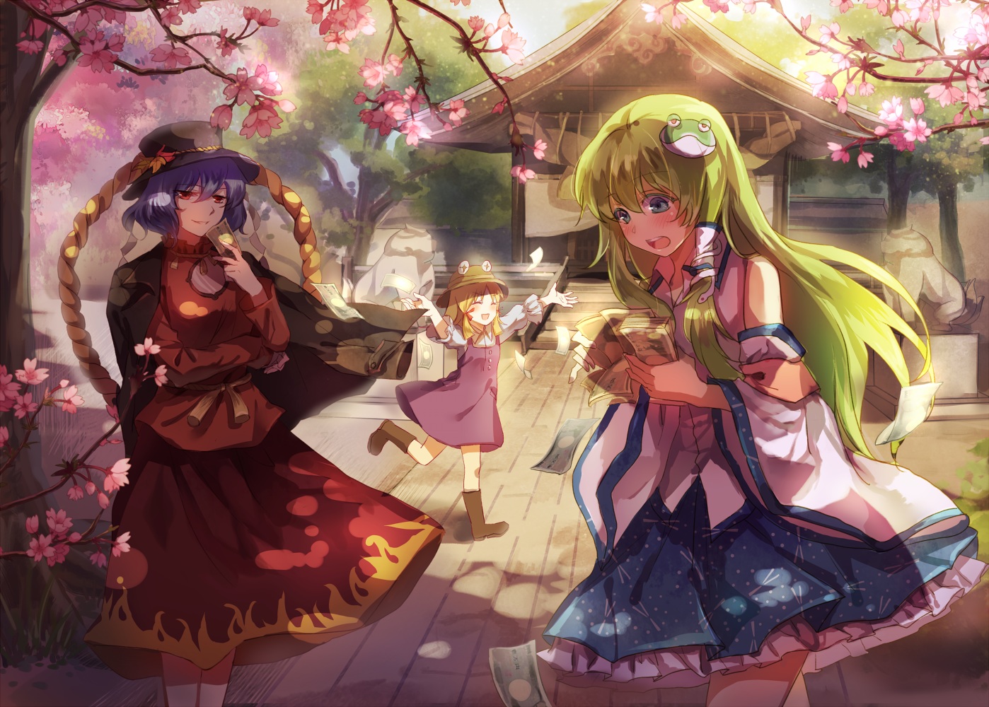 cherry_blossoms, flowers, japanese_clothes, kochiya_sanae, magicpants, miko, moriya_suwako, rope, shrine, touhou, yasaka_kanako