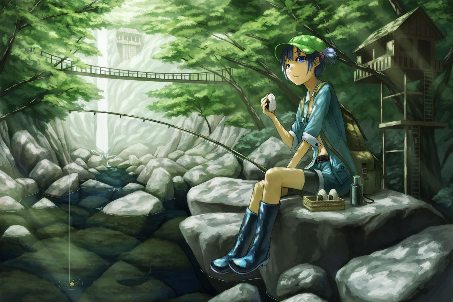 animal, blue_eyes, blue_hair, boots, fish, food, forest, hat