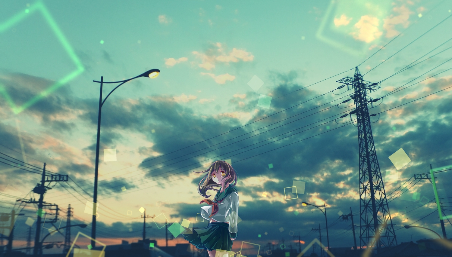 aizaki_utau, brown_hair, clouds, original, school_uniform, sky, yellow_eyes