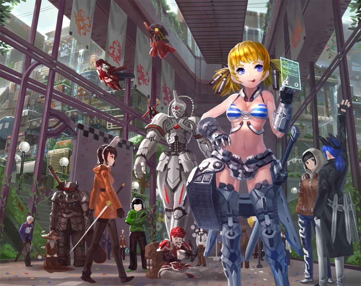 armor, blonde_hair, blue_eyes, building, gloves, group, hat, headband