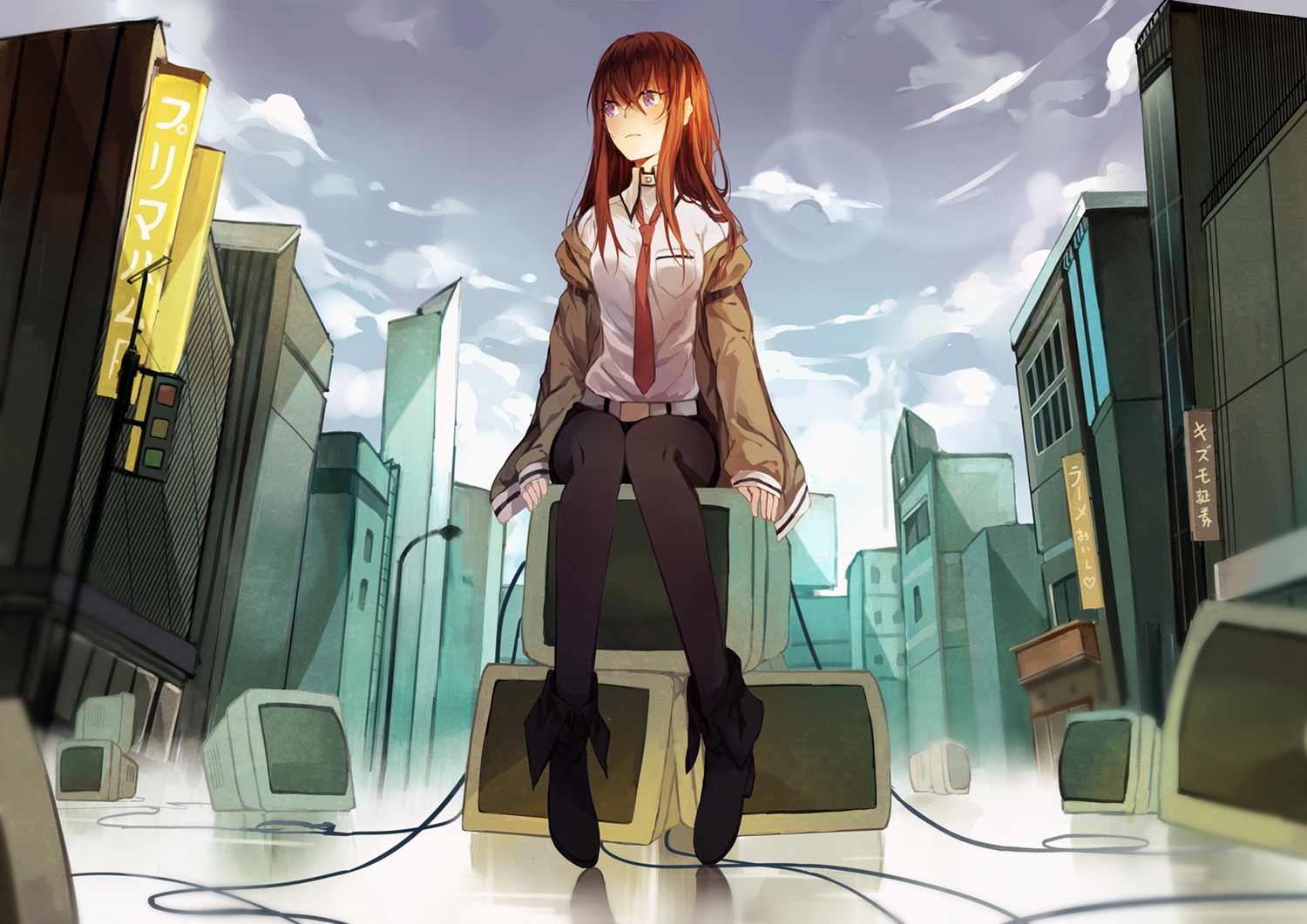 boots, brown_hair, building, jpeg_artifacts, koyuiko, long_hair, makise_kurisu, pantyhose, purple_eyes, shirt, shorts, steins;gate, tie
