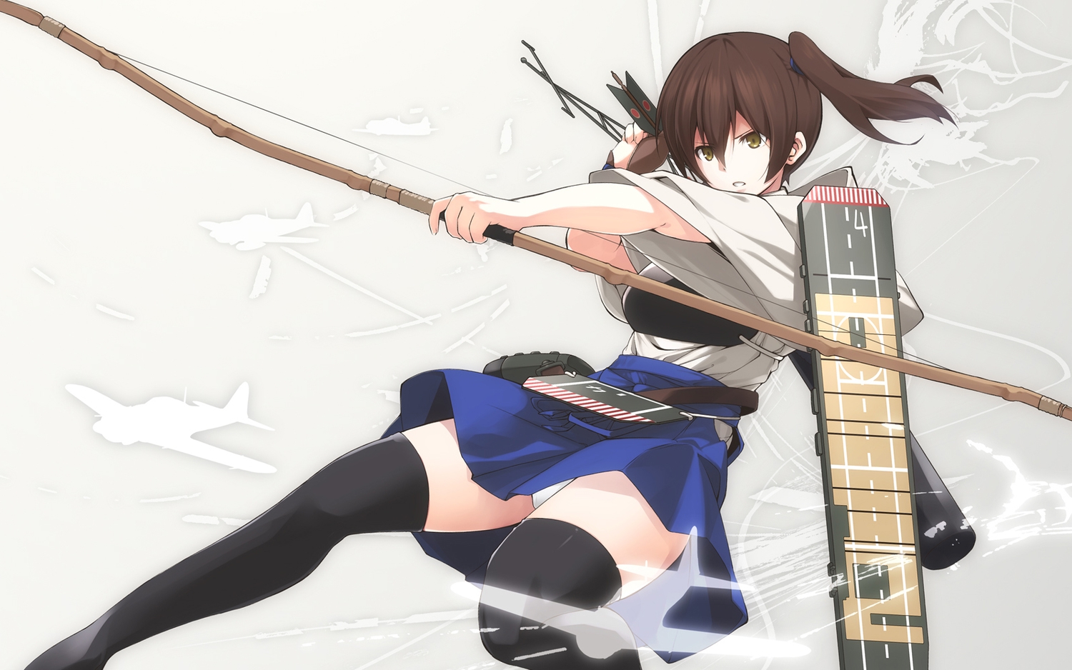 anthropomorphism, bow_(weapon), brown_eyes, brown_hair, japanese_clothes, kaga_(kancolle), kantai_collection, nanaku_teiru, panties, ponytail, skirt, thighhighs, underwear, weapon