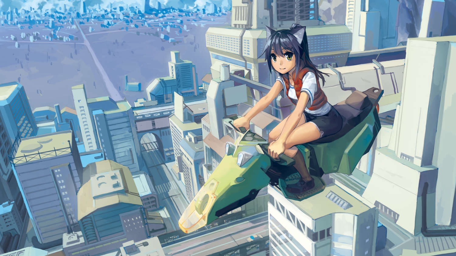 aircraft, animal_ears, black_hair, building, catgirl, city, original, rai32019