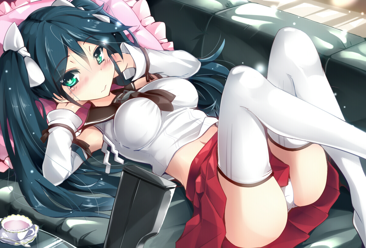 anthropomorphism, aqua_eyes, blue_hair, blush, drink, isuzu_(kancolle), kantai_collection, long_hair, natsu_(anta_tte_hitoha), panties, skirt, thighhighs, twintails, underwear