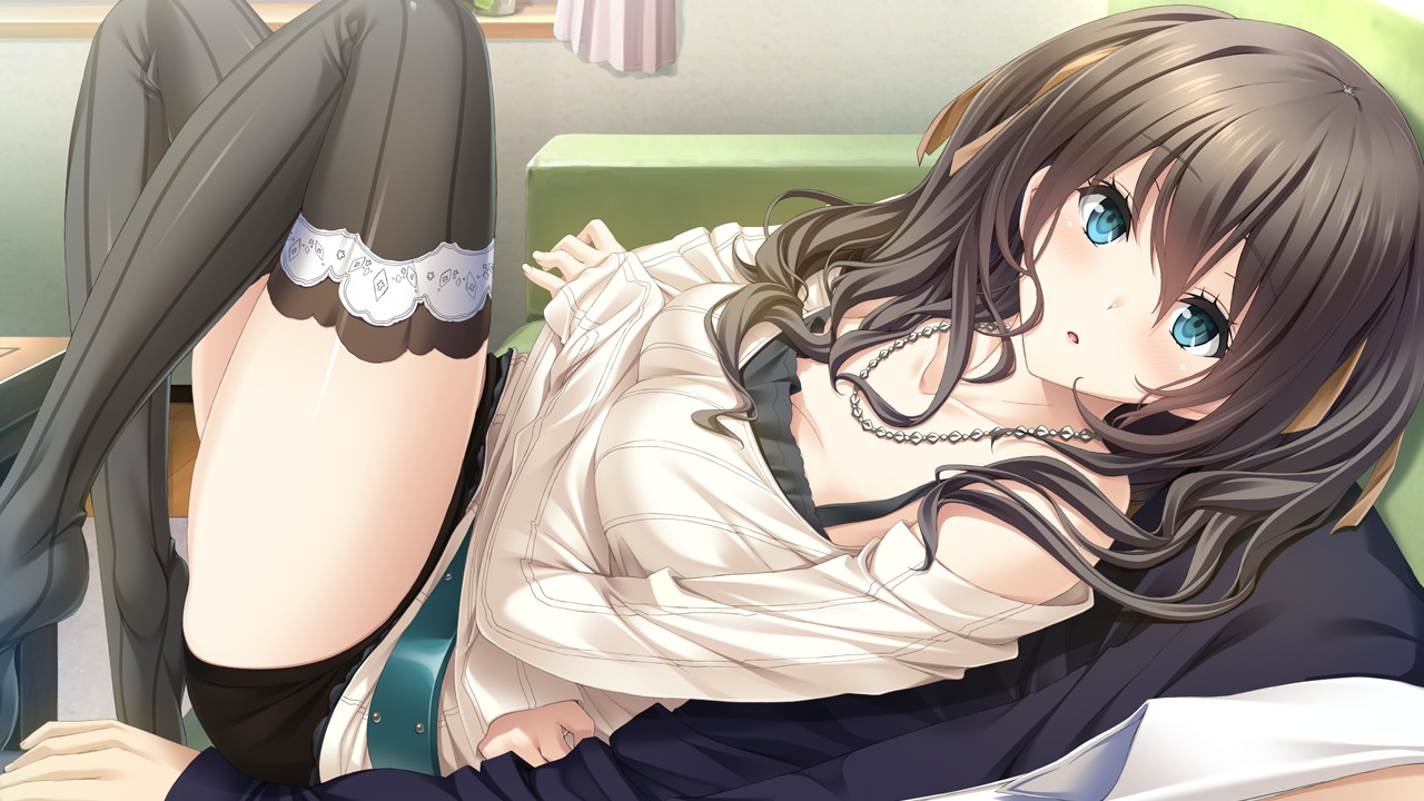 aikawa_arisa_(kiss_ato), blue_eyes, brown_hair, game_cg, giga, kiss_ato, long_hair, mikoto_akemi, thighhighs