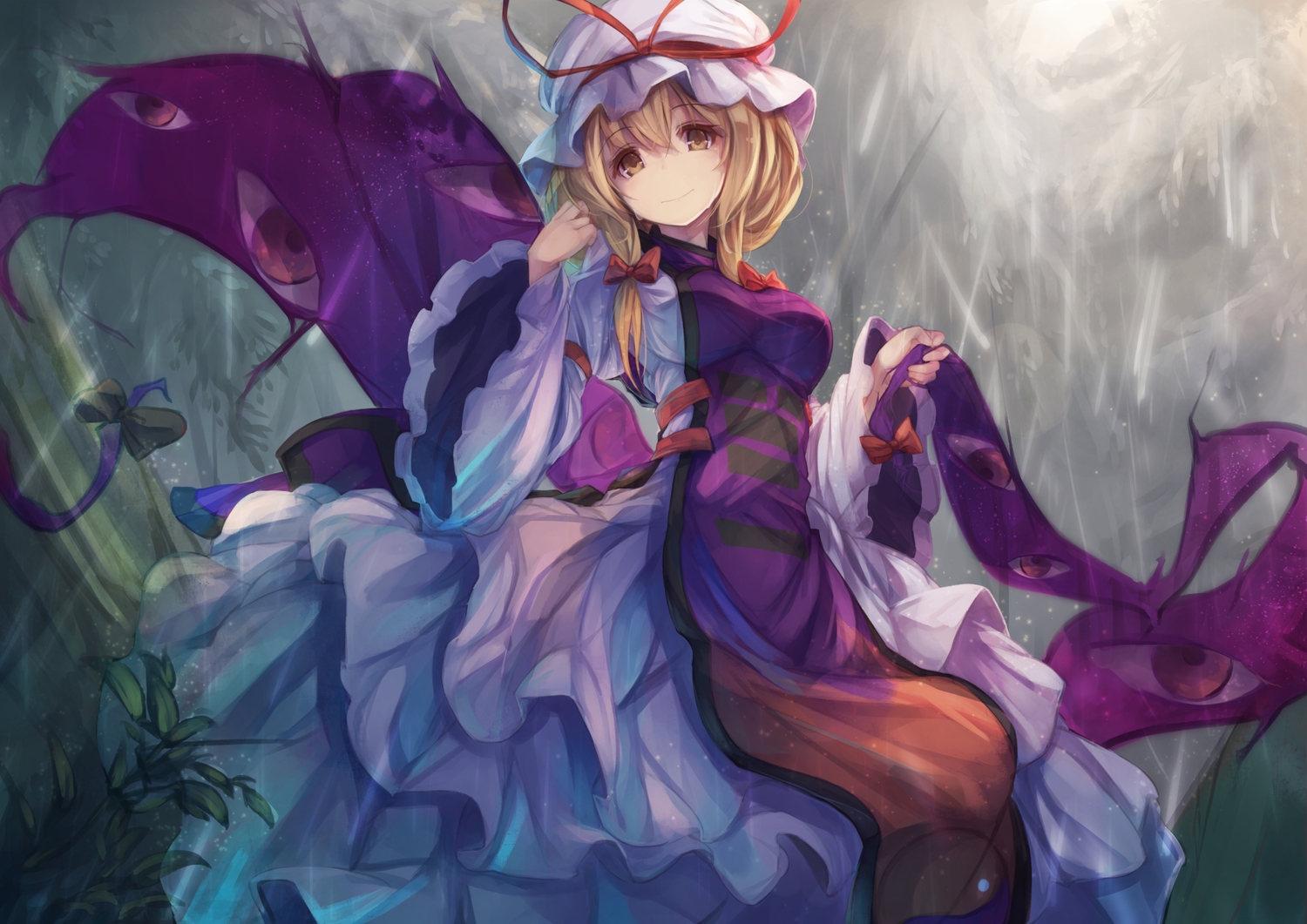 blonde_hair, bow, dress, fal_maro, hat, touhou, yakumo_yukari, yellow_eyes
