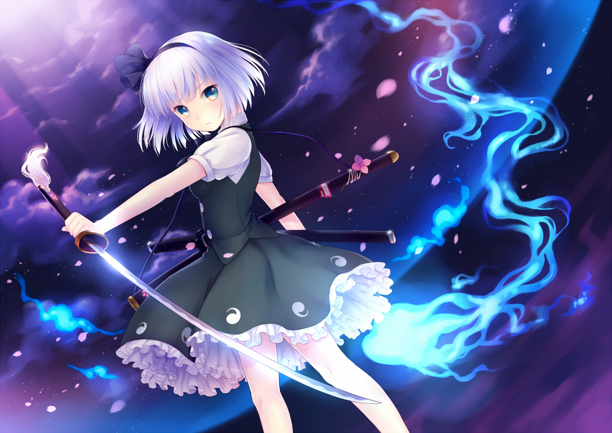 katana, konpaku_youmu, myon, nekokan_masshigura, petals, short_hair, sword, touhou, weapon, white_hair