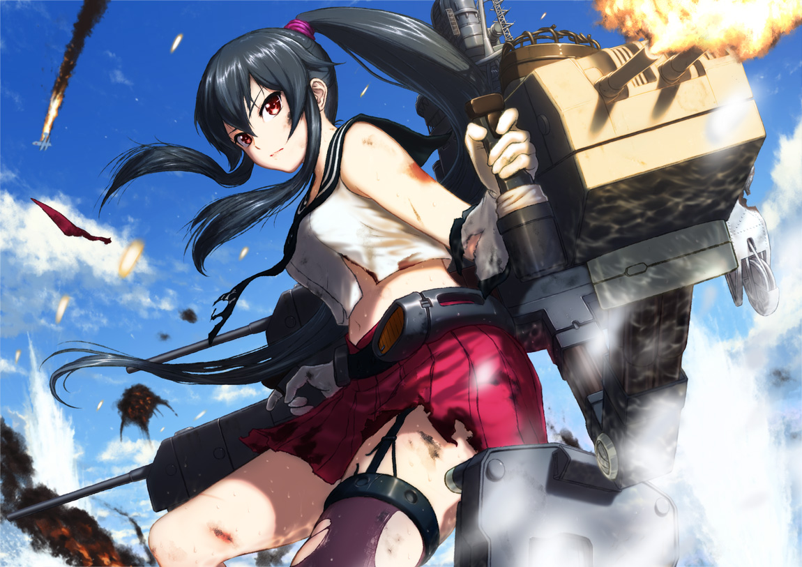aircraft, anthropomorphism, black_hair, fire, gloves, kantai_collection, long_hair, navel