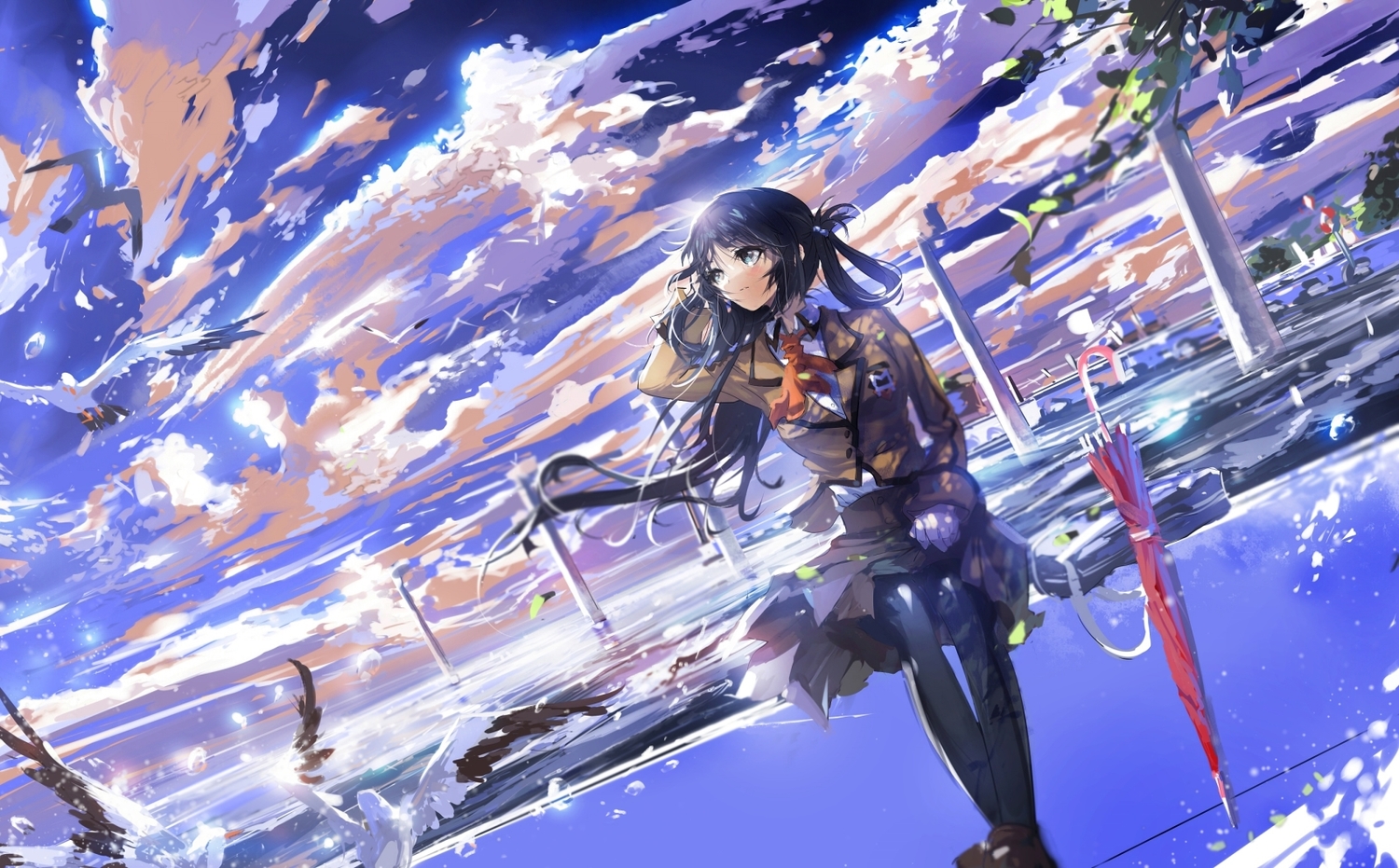 animal, bird, black_hair, blue_eyes, clouds, long_hair, nagi_no_asukara, pantyhose
