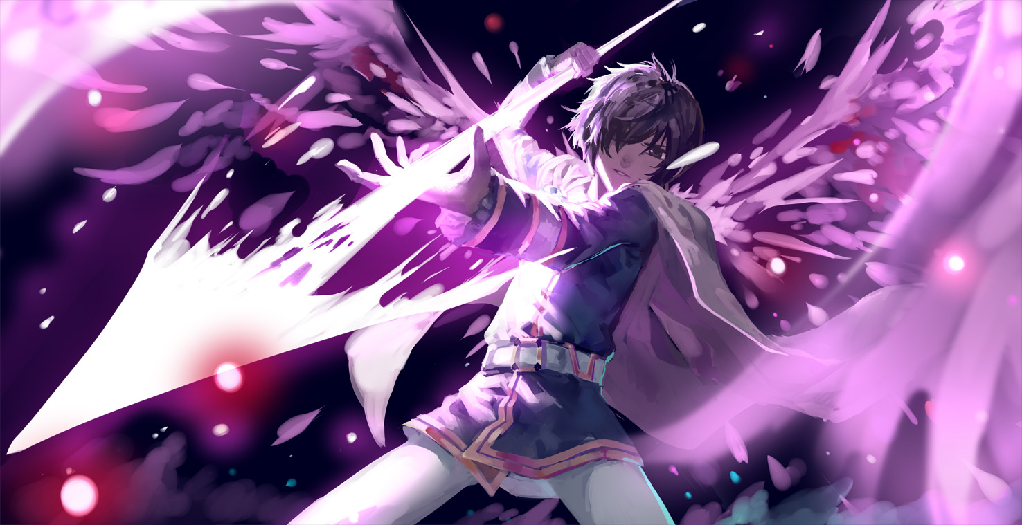 cape, nanaya_(daaijianglin), purple_eyes, purple_hair, rion_(tales_of_destiny), short_hair, spear, tales_of_destiny, weapon, wings