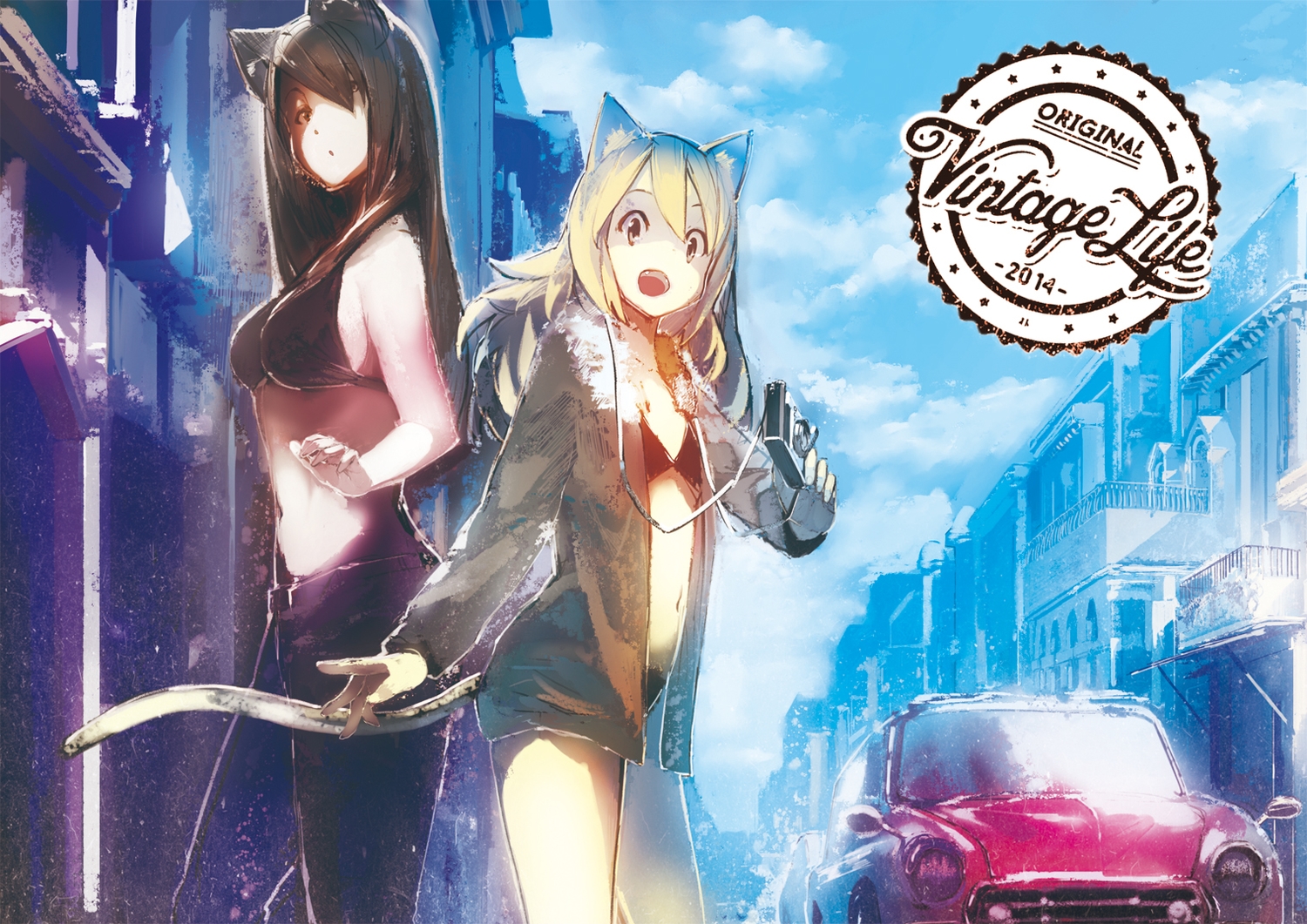 2girls, animal_ears, apapico, bikini, black_hair, blonde_hair, camera, car, catgirl, long_hair, navel, original, swimsuit, tail