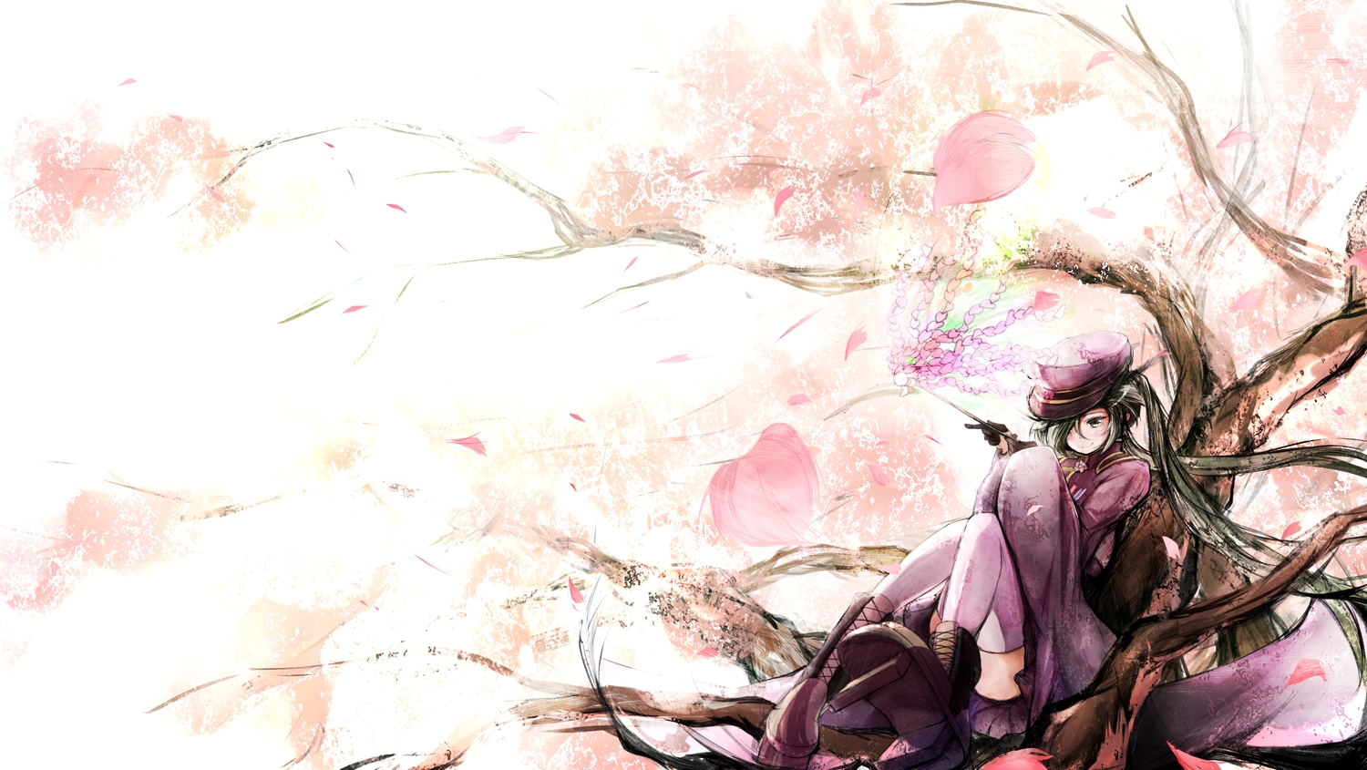 cherry_blossoms, chippucream, flowers, green_hair, hatsune_miku, petals, senbon-zakura_(vocaloid), thighhighs, twintails, vocaloid
