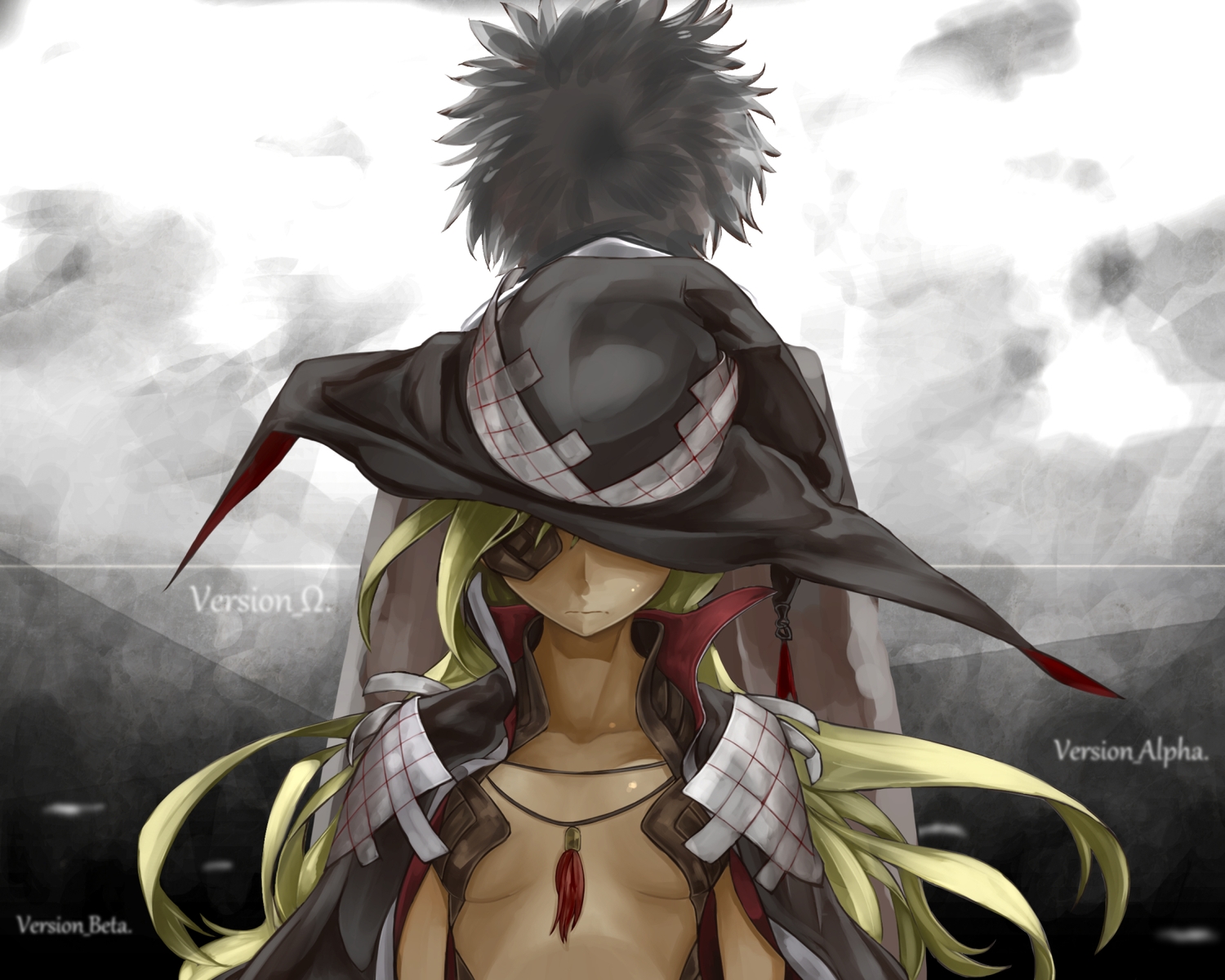 black_hair, blonde_hair, breasts, cape, dou6_(l-novelmaster), eyepatch, hat, kamijou_touma