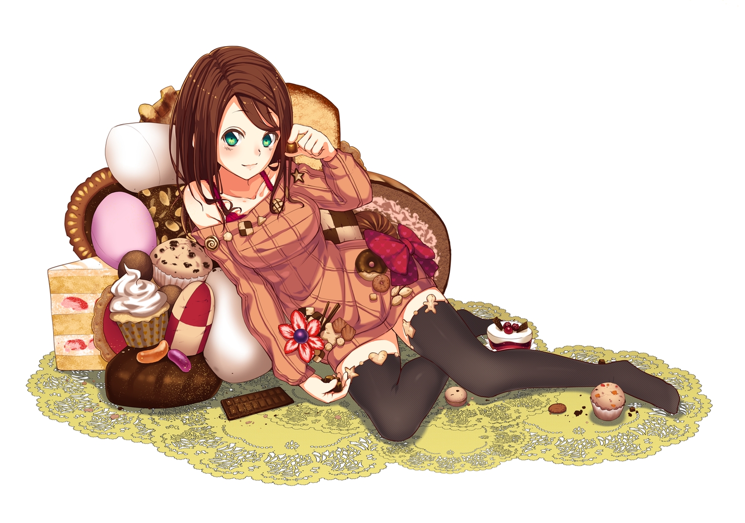 brown_hair, candy, chocolate, food, green_eyes, juu., original, thighhighs, valentine