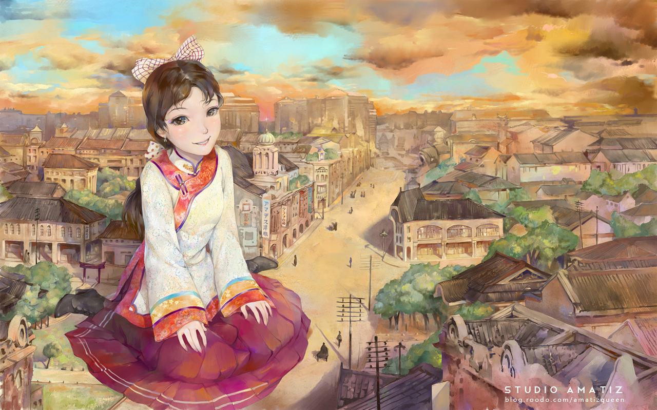 amatiz, black_eyes, black_hair, boots, chinese_clothes, city, clouds, long_hair, original, scenic, skirt, torii, tree, watermark