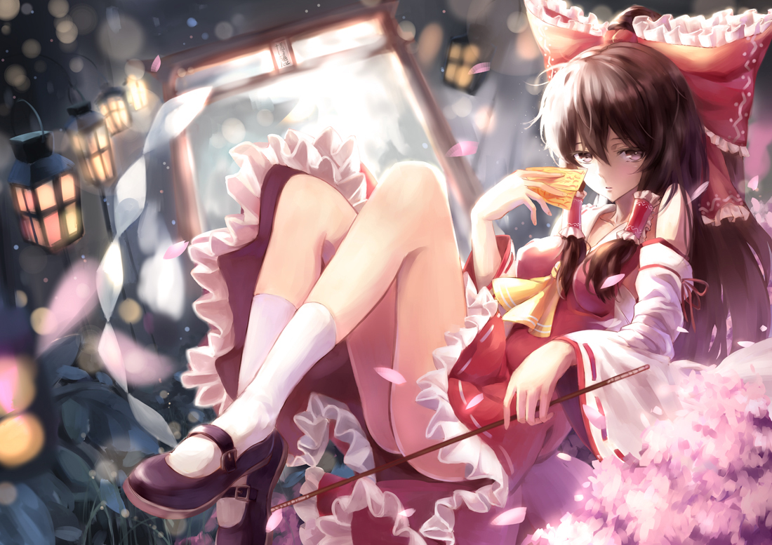 bow, brown_eyes, brown_hair, cherry_blossoms, flowers, hakurei_reimu, japanese_clothes, kamisa, long_hair, miko, ofuda, petals, ponytail, socks, torii, touhou