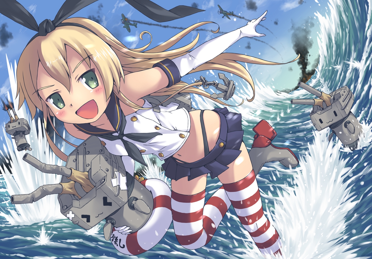 aircraft, aki_(akisora_hiyori), anthropomorphism, blonde_hair, boots, elbow_gloves, gloves, green_eyes