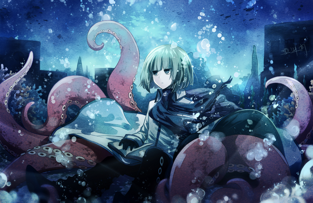 angel31424, blue_eyes, bubbles, building, cape, fukami_(wadanohara), male, short_hair, signed, tentacles, underwater, wadanohara_and_the_great_blue_sea, water