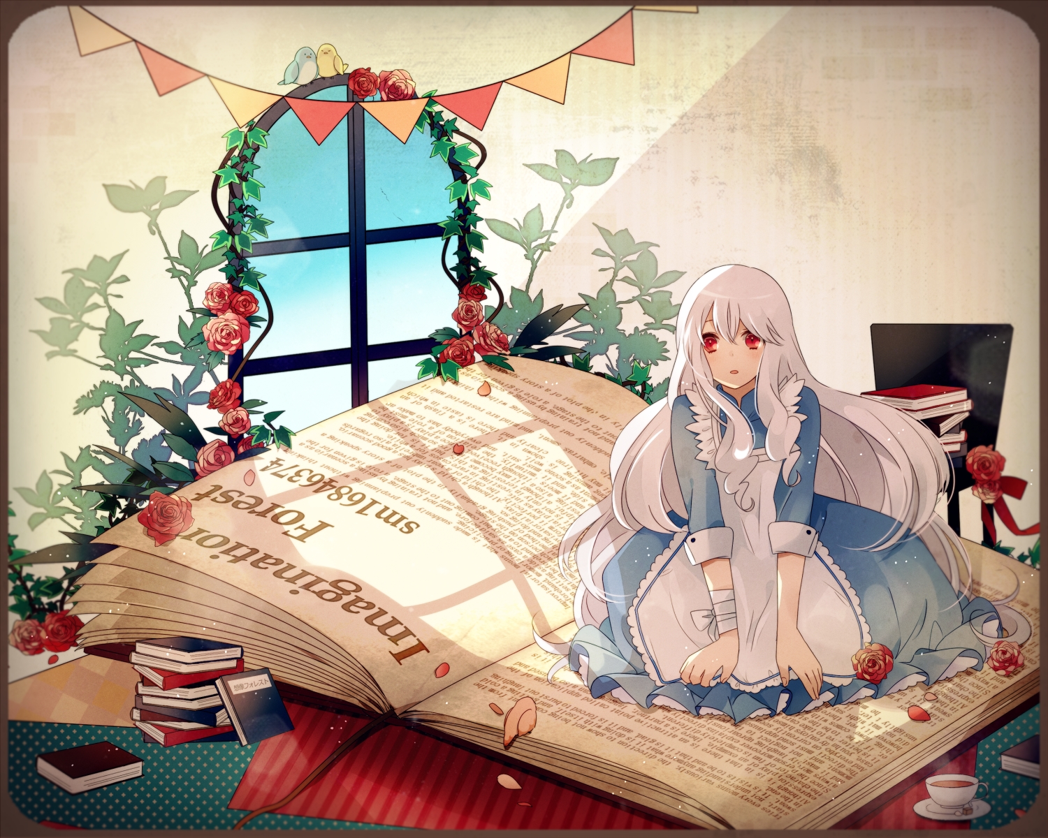 animal, bandage, bird, book, dress, drink, flowers, imagination_forest_(vocaloid), kagerou_project, kozakura_mary, long_hair, petals, red_eyes, rose, white_hair, yori_(y_rsy)