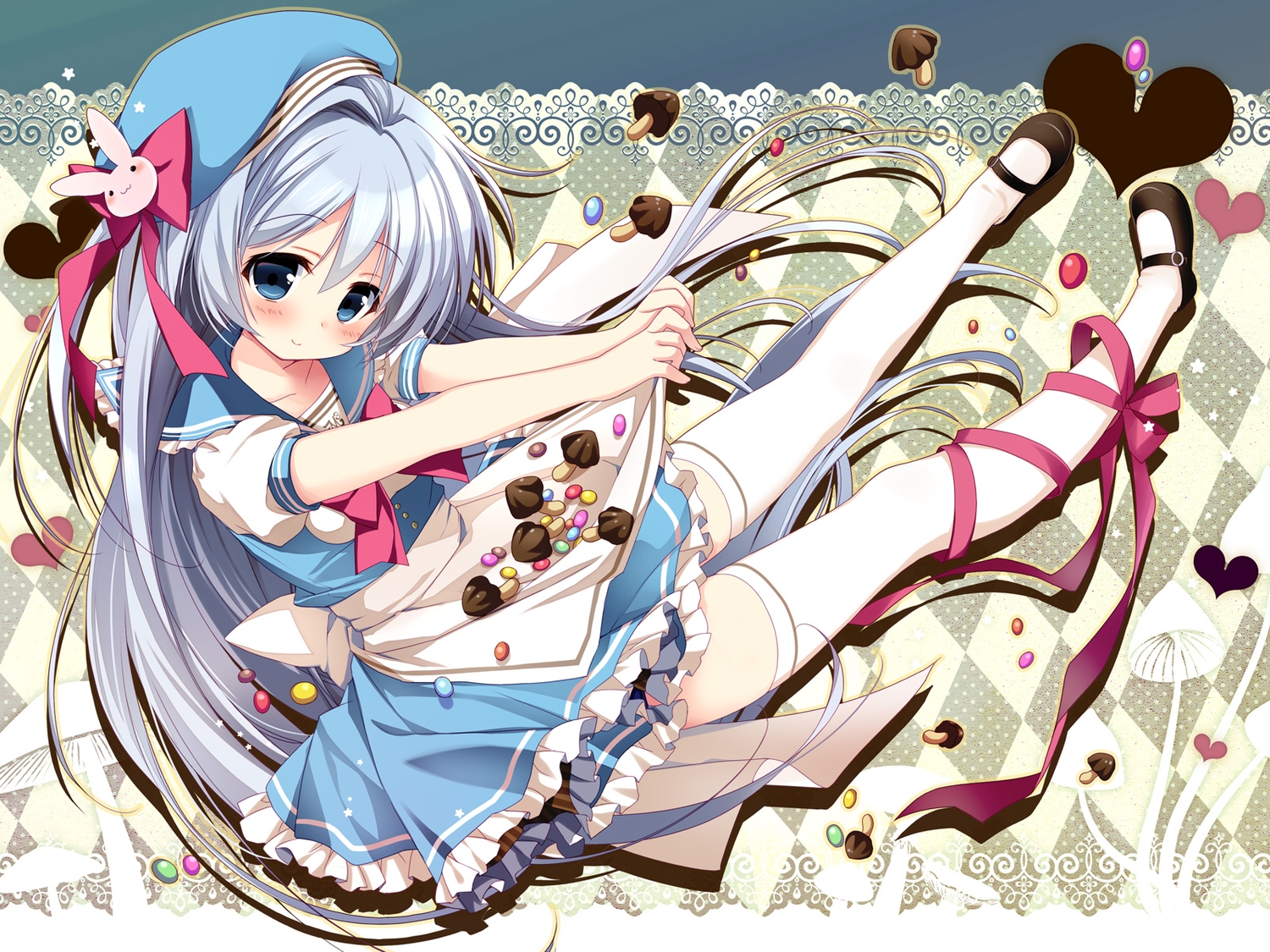 blue, blue_eyes, blush, bow, candy, hat, nagayama_yuunon, original, ribbons, thighhighs, valentine