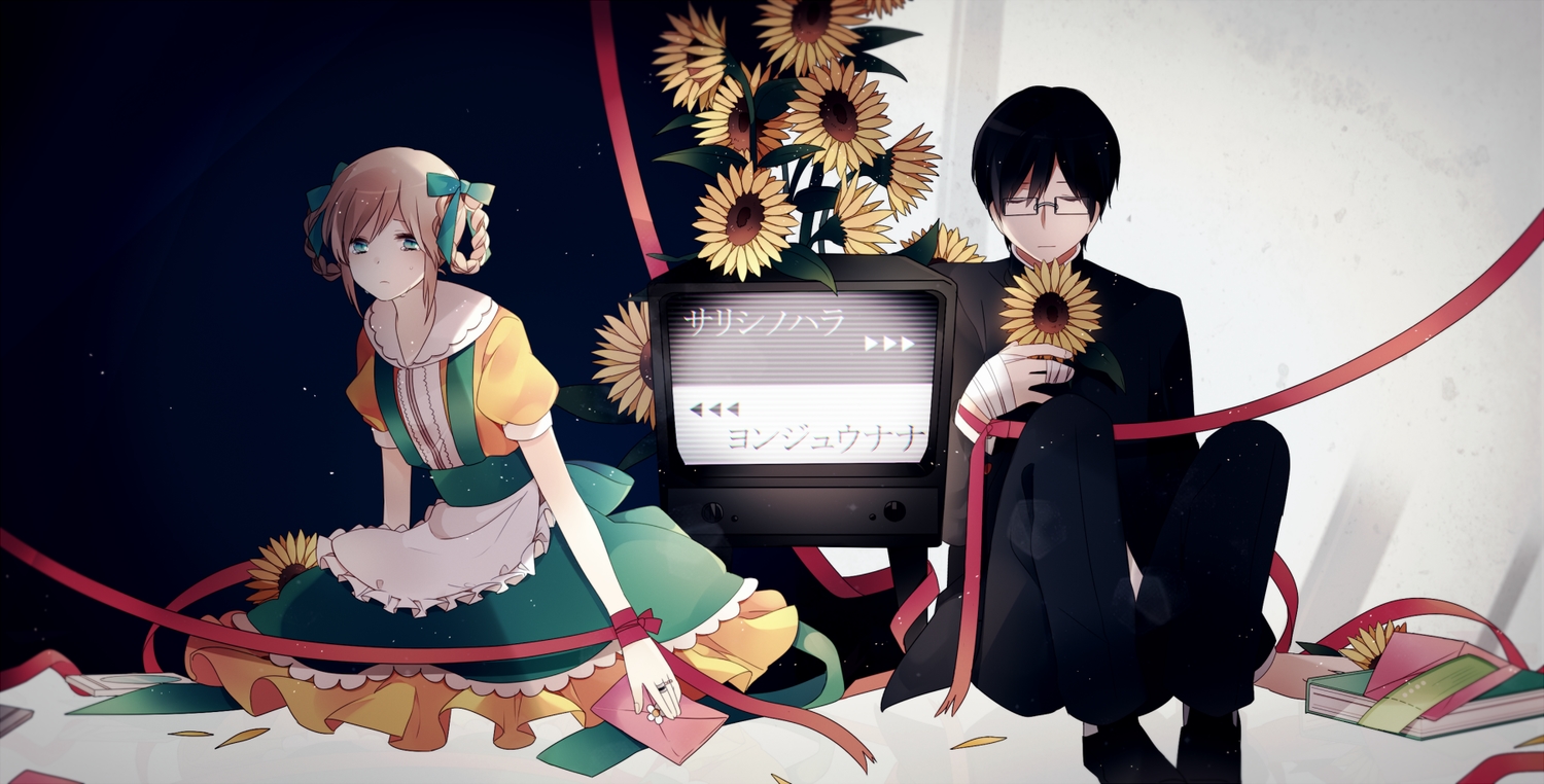 black_hair, blonde_hair, blue_eyes, dress, flowers, glasses, sunflower, vocaloid