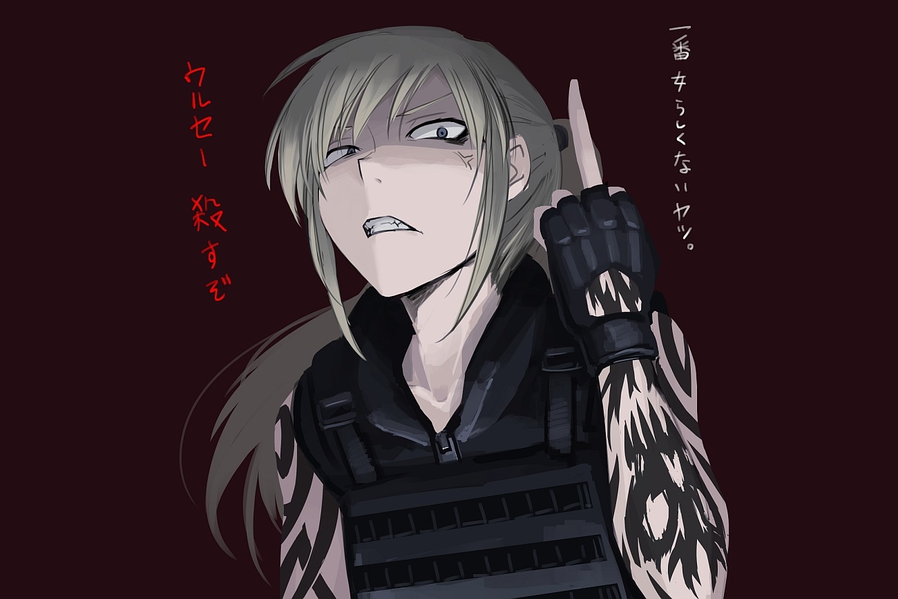 blonde_hair, blue_eyes, gloves, hellshock, long_hair, original, ponytail, suzumi_(hellshock)