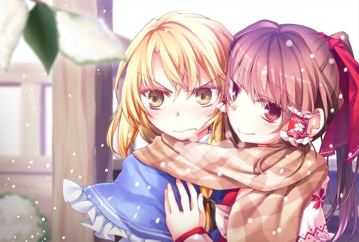 2girls, blonde_hair, blush, brown_hair, hakurei_reimu, ina, kirisame_marisa, ponytail, red_eyes, scarf, shoujo_ai, snow, touhou, winter, yellow_eyes