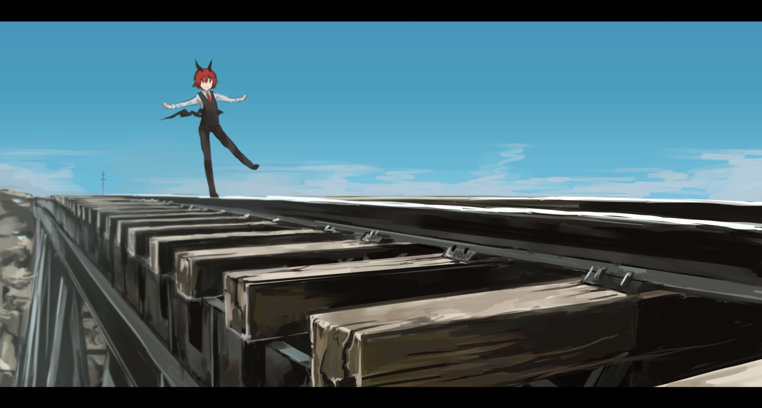 cacao_choco_mame, demon, koakuma, red_eyes, red_hair, short_hair, sky, tie