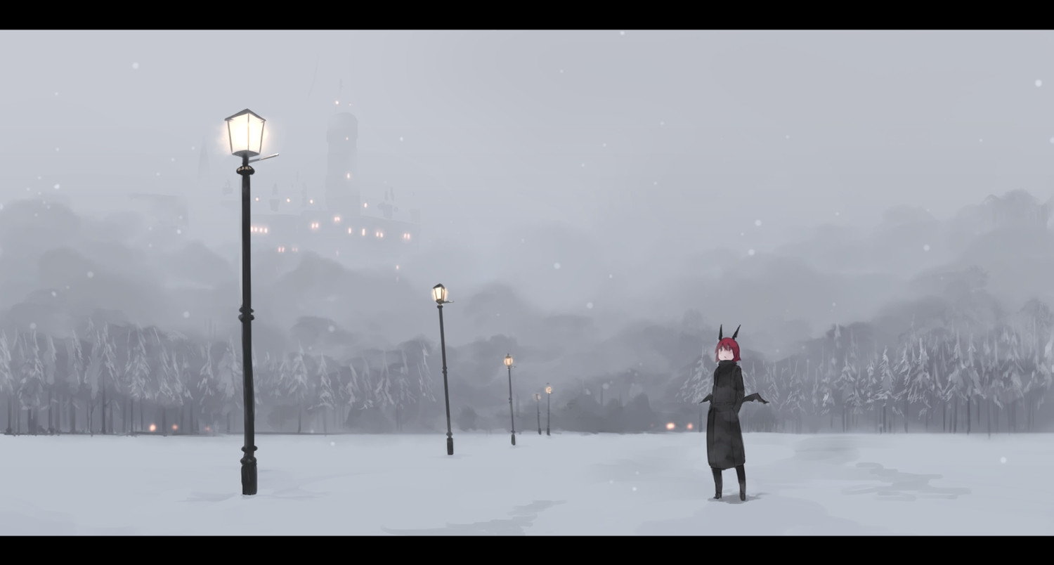 cacao_choco_mame, demon, koakuma, red_eyes, red_hair, scenic, short_hair, snow, touhou, tree, wings, winter