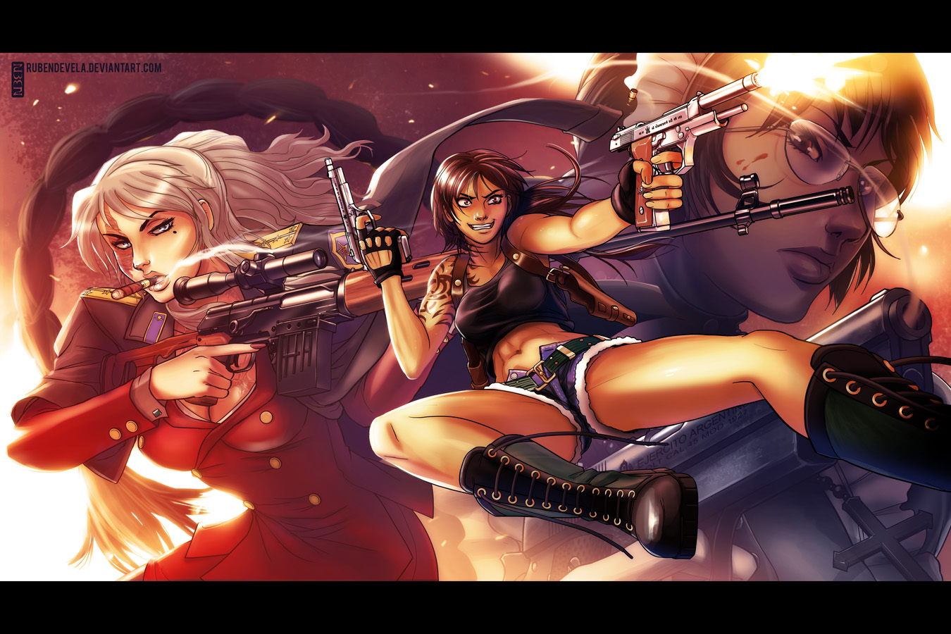 balalaika, black_lagoon, blonde_hair, blood, blue_eyes, boots, breasts, brown_eyes