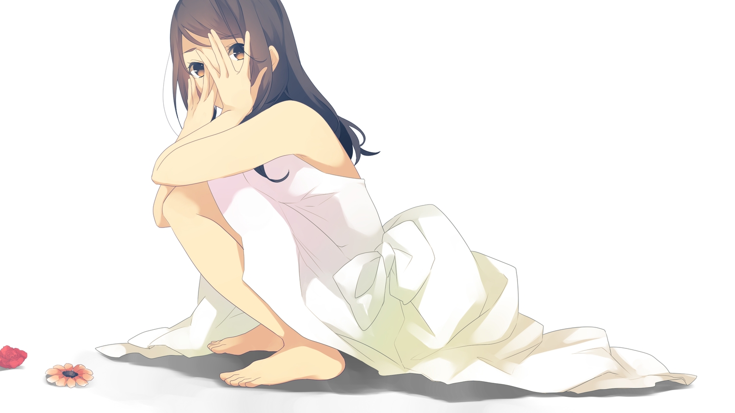 barefoot, brown_eyes, brown_hair, dress, koyubi, original, white
