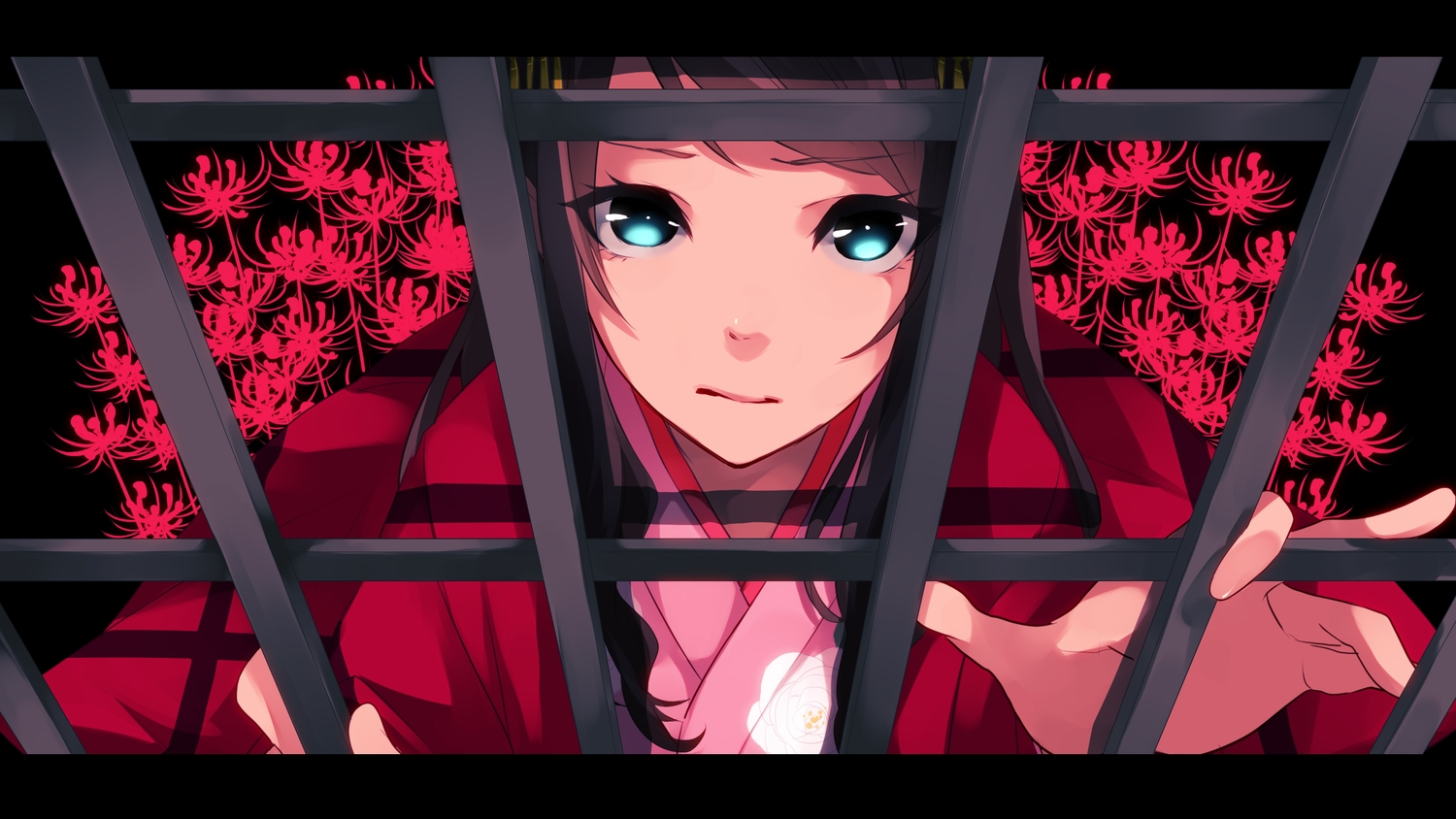 black_eyes, black_hair, cage, flowers, japanese_clothes, koyubi, original