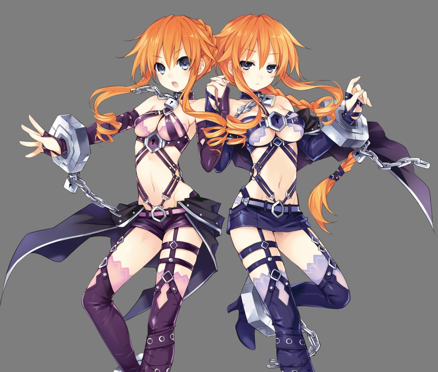 2girls, blue_eyes, breasts, cape, chain, cleavage, collar, date_a_live, orange_hair, ponytail, shackles, shorts, thighhighs, transparent, tsunako, twins, underboob, yamai_kaguya, yamai_yuzuru