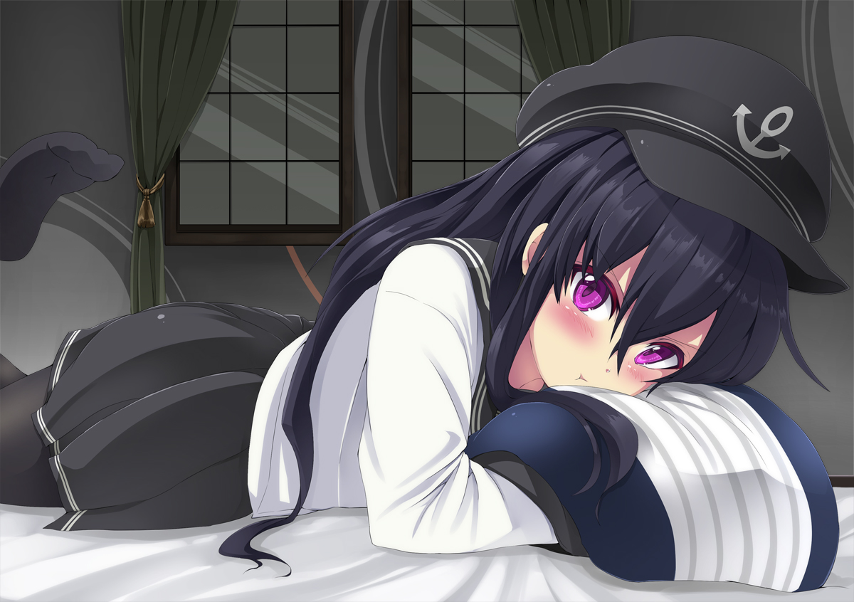 akatsuki_(kancolle), anthropomorphism, black_hair, blush, hat, kantai_collection, long_hair, noa_(nagareboshi), pantyhose, purple_eyes, skirt