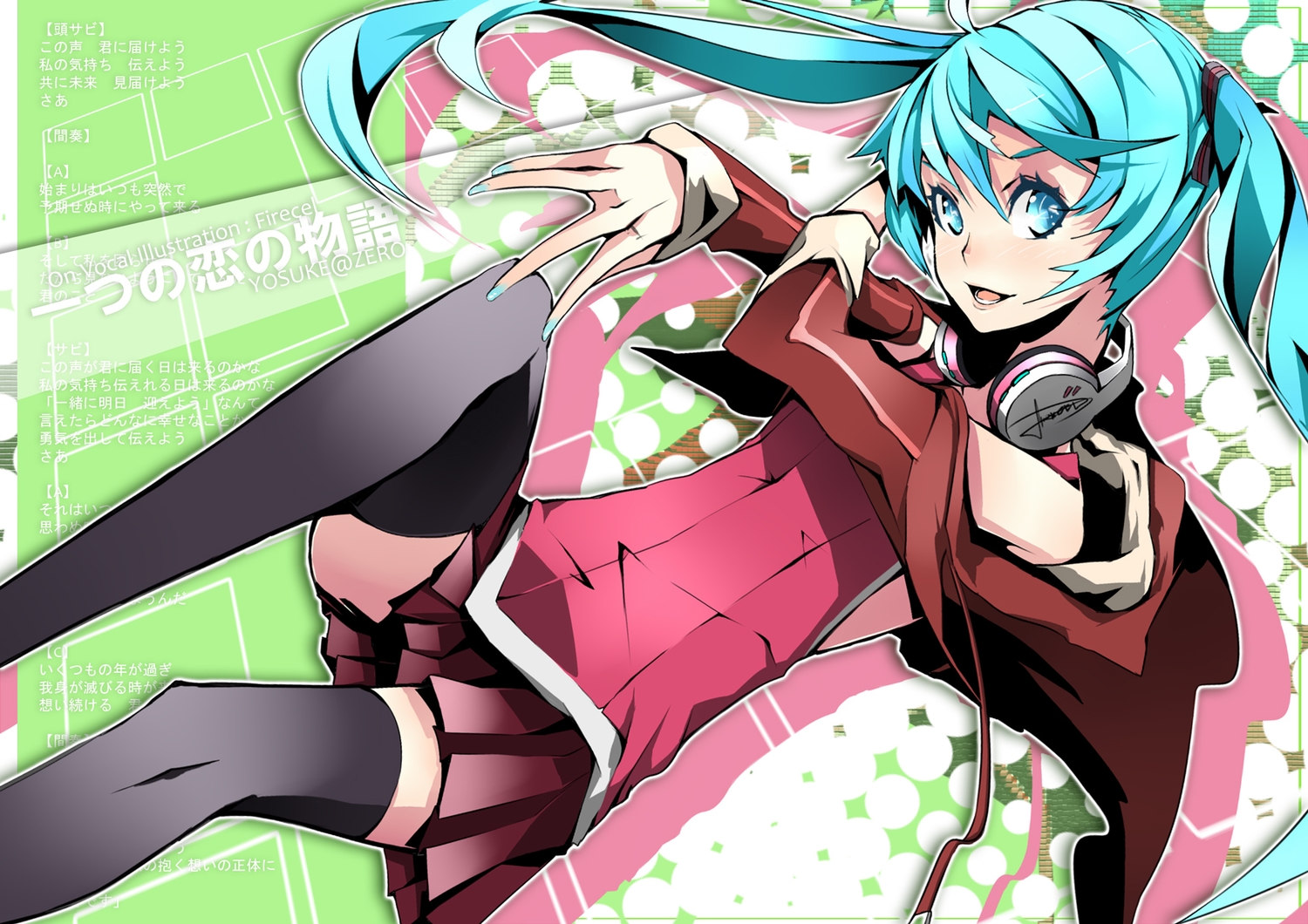 blue_eyes, blue_hair, firecel, hatsune_miku, headphones, skirt, thighhighs, twintails